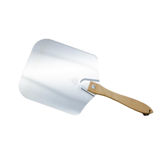 Folding pizza peel with silver metal blade and wooden handle, hinged for compact storage