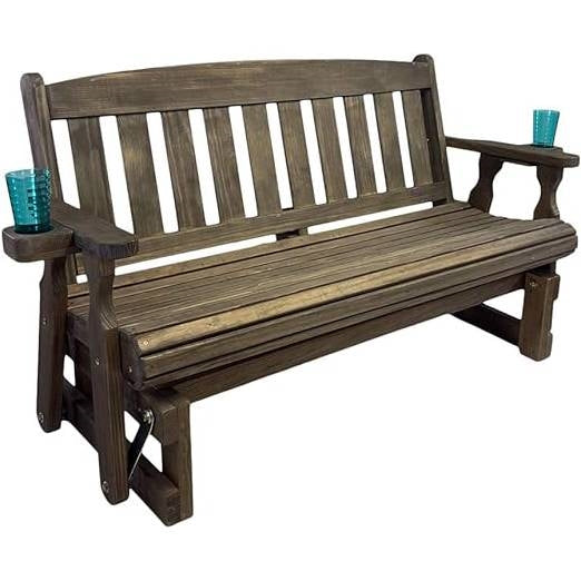 Dark walnut porch glider bench with slatted back, wood seat, and two cupholders