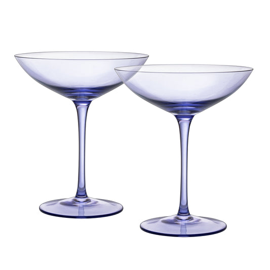 Purple champagne coupe glasses, set of 2, round pedestal base