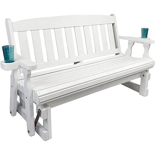 White porch glider bench with slatted seat and back, two cupholders