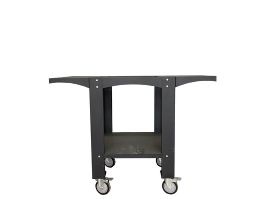 Black utility cart with lower shelf and four swivel wheels, steel frame