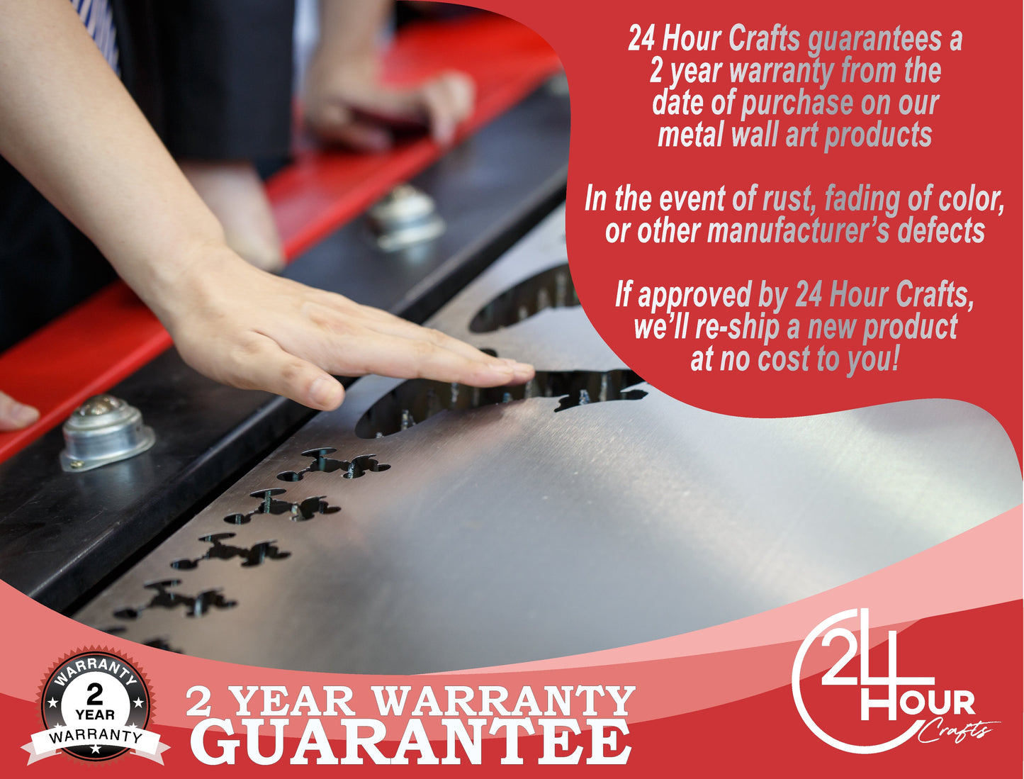 Hands placing metal wall art on a line; 2-year warranty guarantee graphic