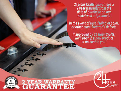 Hands placing metal wall art on a line; 2-year warranty guarantee graphic