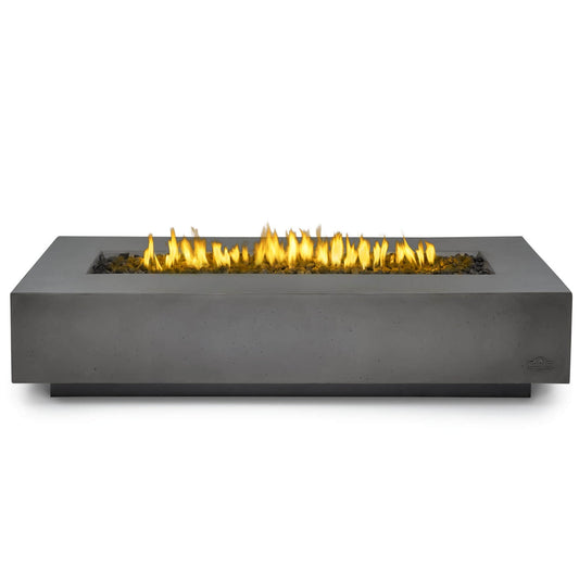 Rectangular outdoor fire table with dark gray concrete-look finish and central flame opening