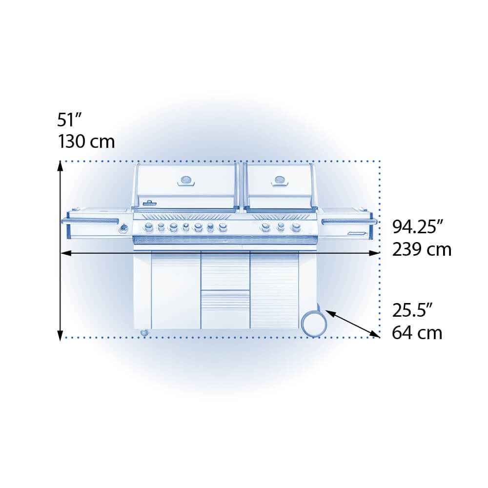 Gas grill dimensions diagram, front view with measurements and side control knob