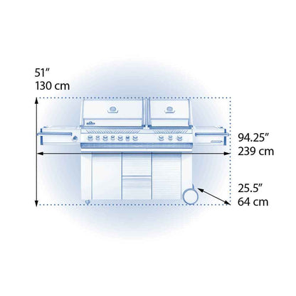 Gas grill dimensions diagram, front view with measurements and side control knob
