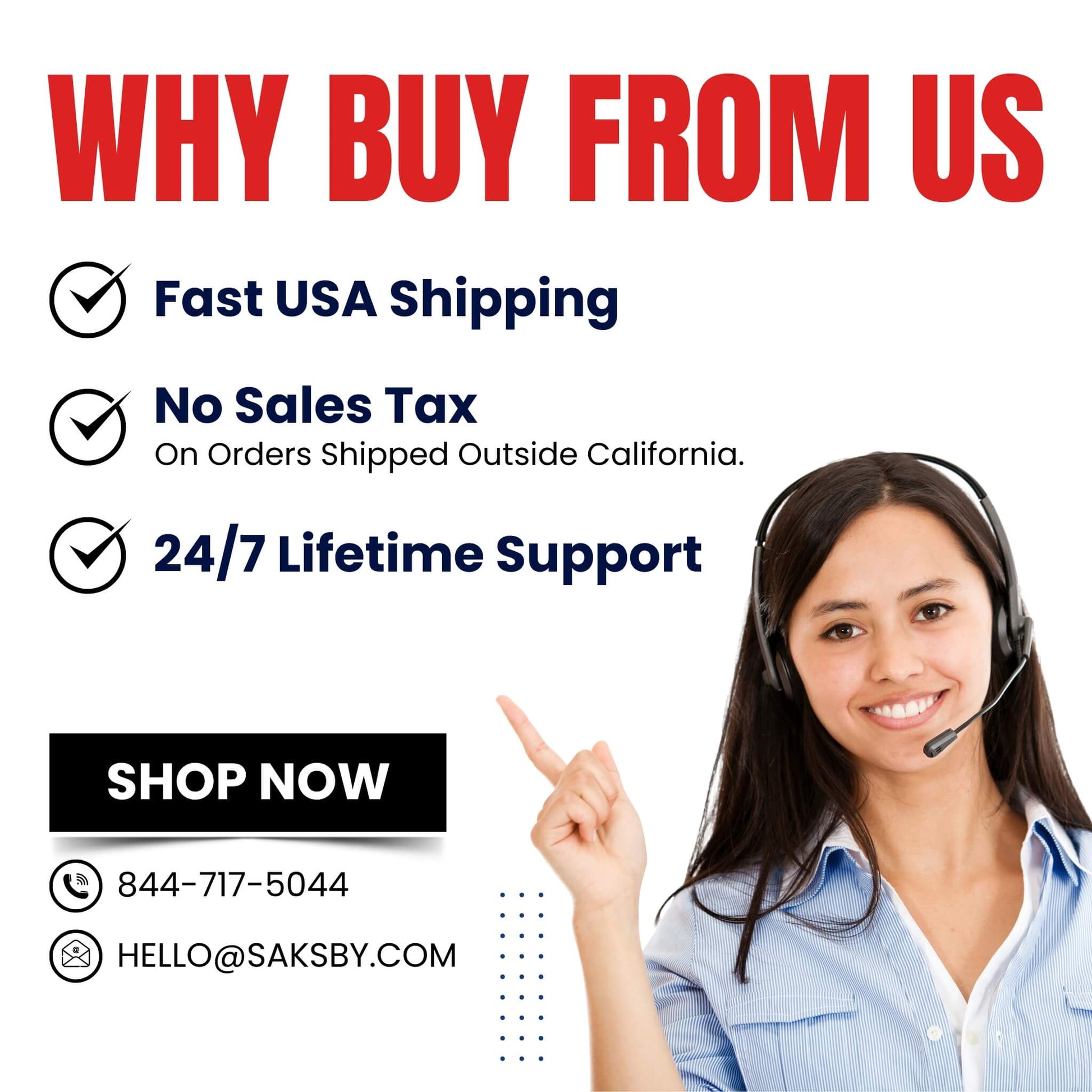Promotional customer-support graphic with phone number and email contact