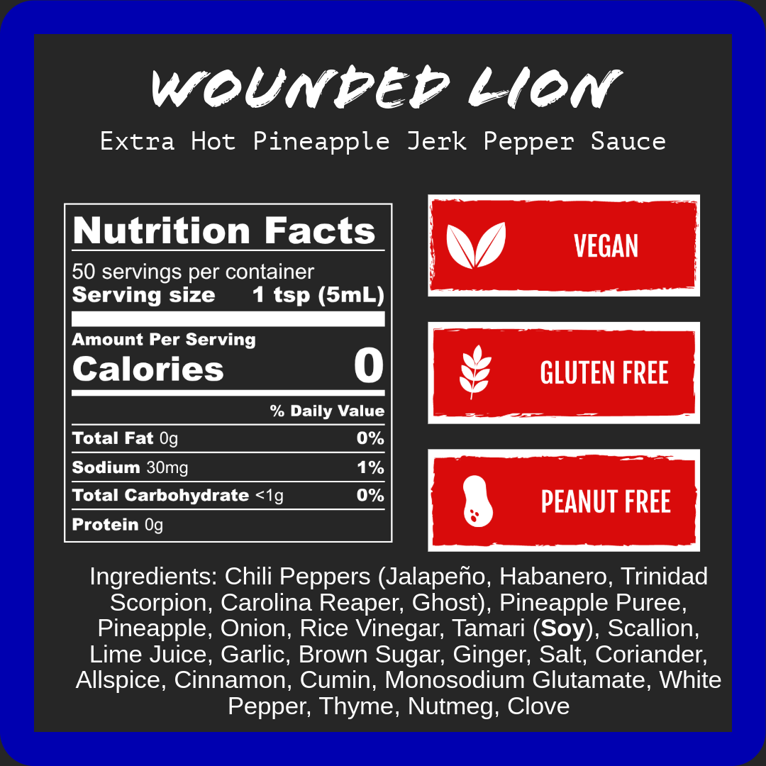 Extra hot pineapple jerk pepper sauce nutrition label with vegan, gluten-free, peanut-free