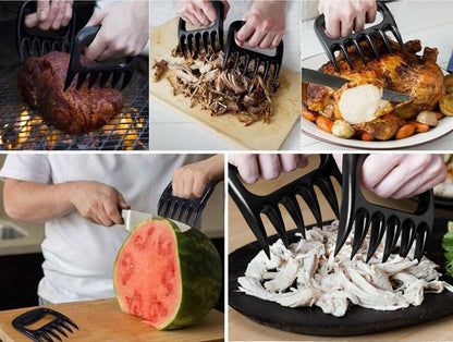 Bear-claw meat shredder with long prongs in hands, used for meat and fruit