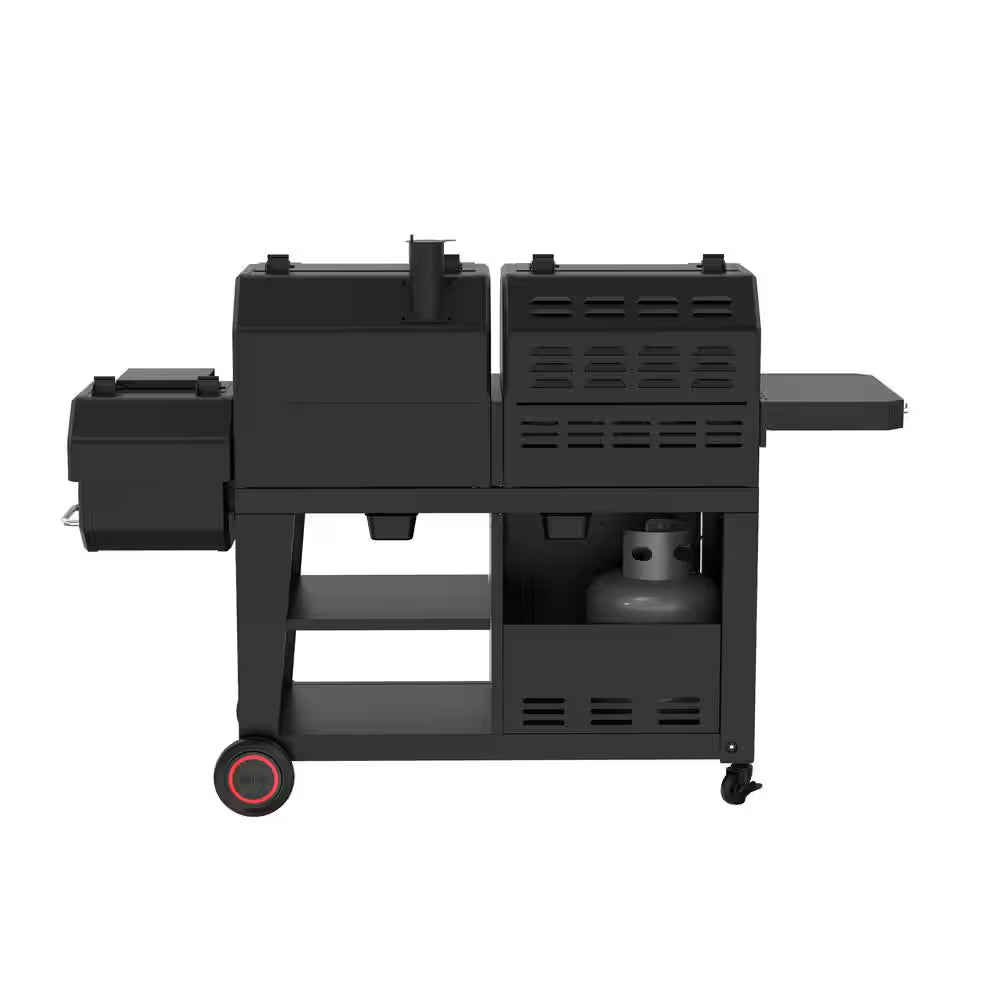 Black Oakford grill smoker combo with side shelves, open lids, and front wheel caster