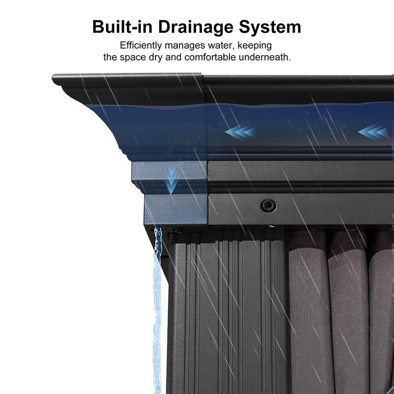 Hardtop gazebo roof gutter and drainage outlet on dark gray frame corner