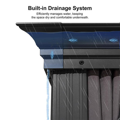 Hardtop gazebo roof gutter and drainage outlet on dark gray frame corner