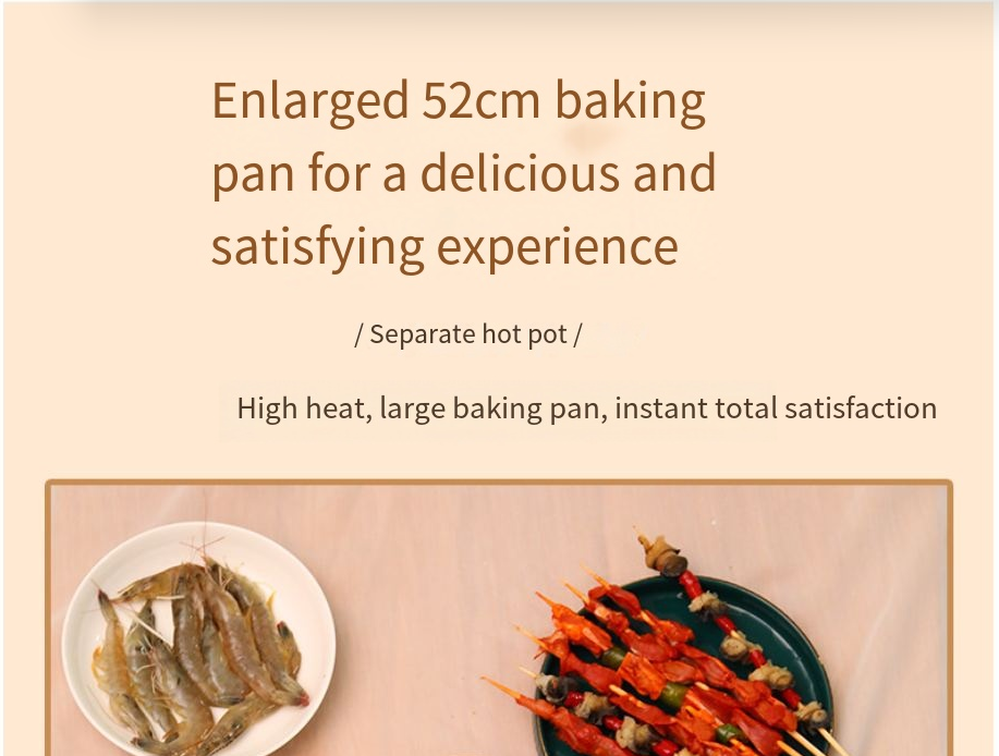 Large electric baking pan with separate hot pot divider, shown with skewered foods