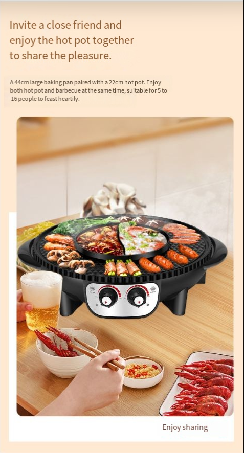 Electric BBQ and hot pot cooker on table, black unit with two small serving bowls