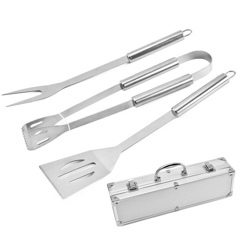 BBQ grilling tool set with metal spatula, fork, and tongs plus aluminum storage case