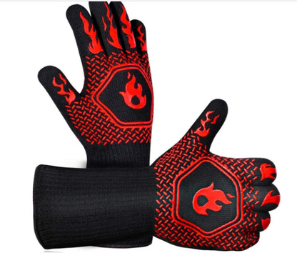 Red-and-black flame-pattern BBQ oven mitts with silicone grip on palm and fingers