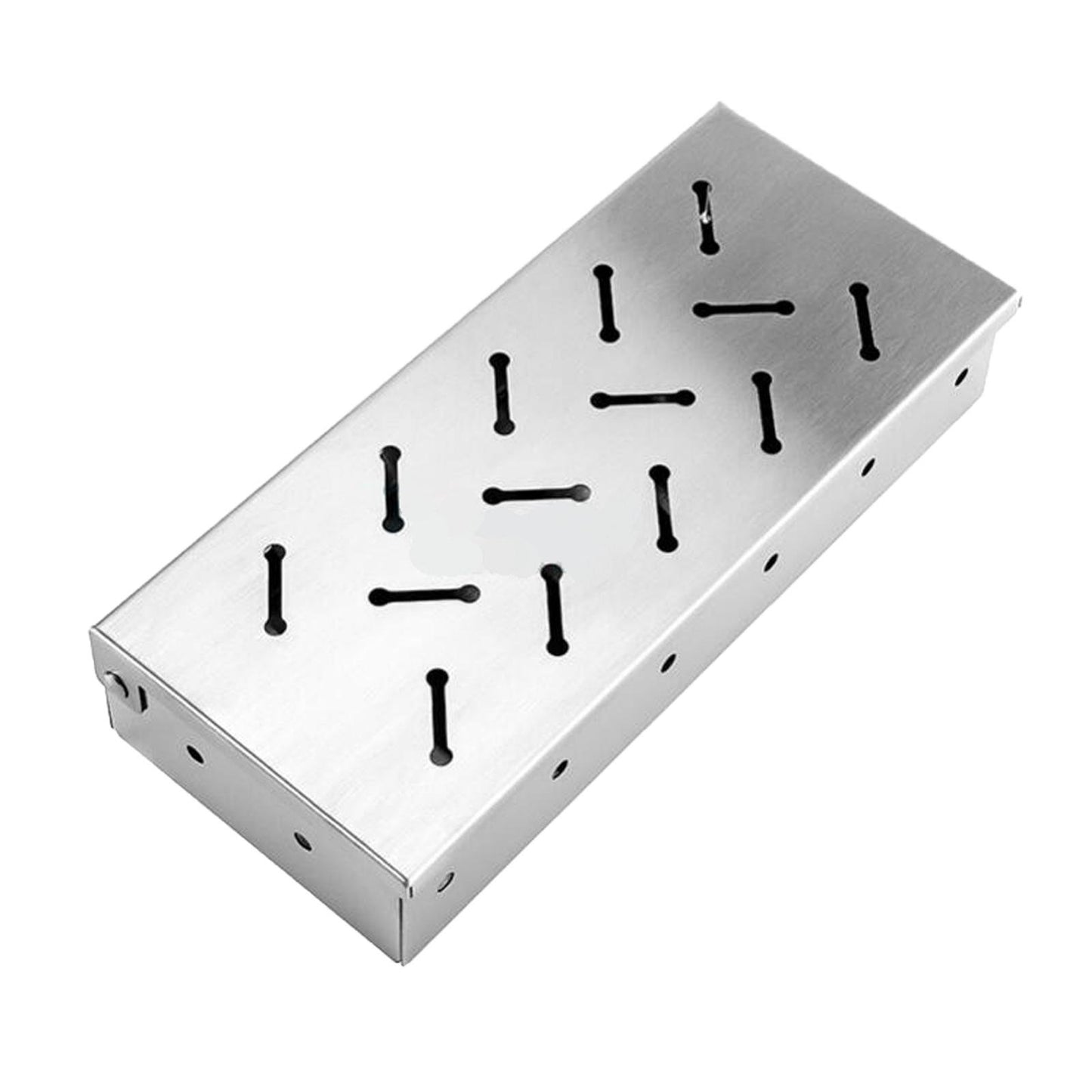 Stainless steel wood chip smoker box, open with vent holes on the sides