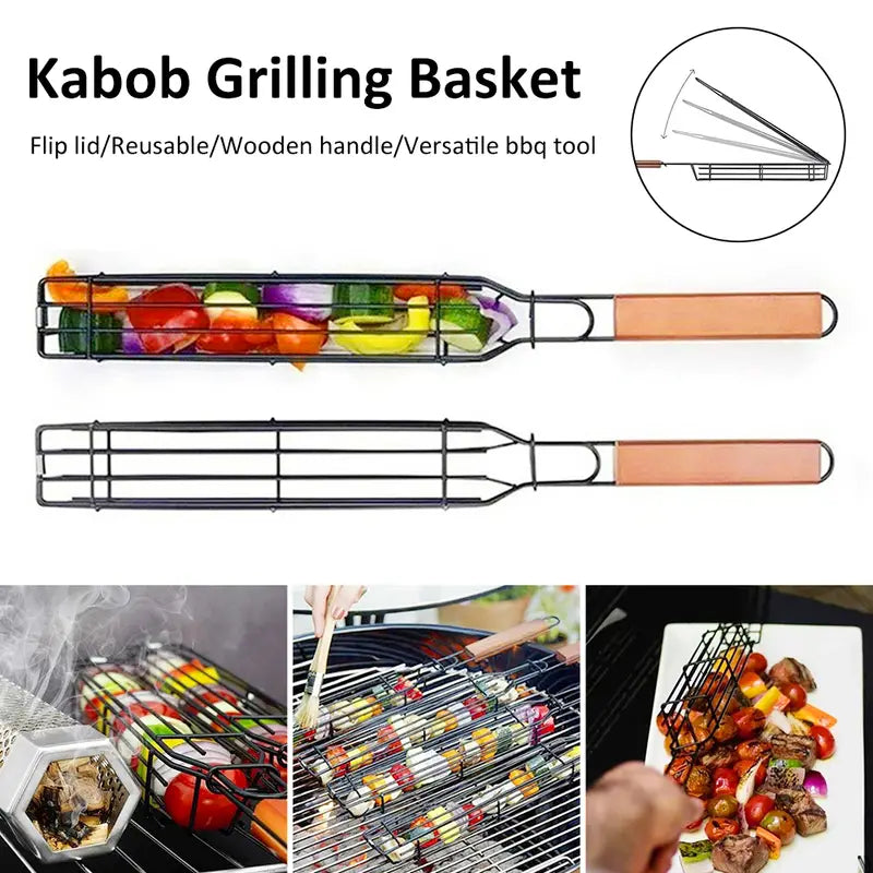 Stainless BBQ grilling basket with wooden handle, hinged wire cage for kebabs