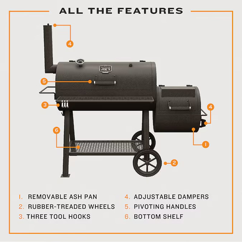 Offset smoker feature diagram highlighting adjustable dampers, ash pan, handles, hooks, shelf