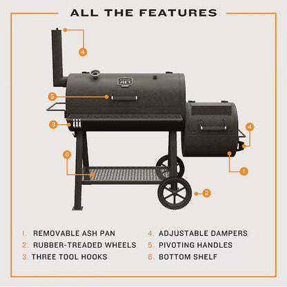Offset smoker feature diagram highlighting adjustable dampers, ash pan, handles, hooks, shelf