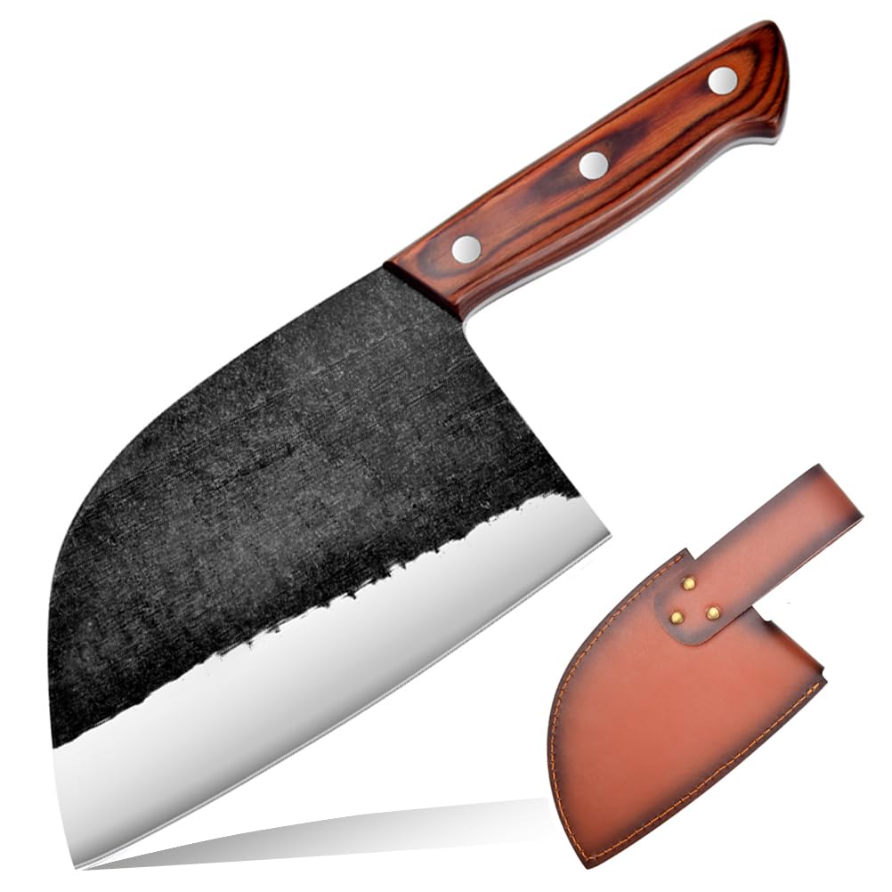 Multipurpose meat cleaver knife with dark blade, wood handle, and leather sheath