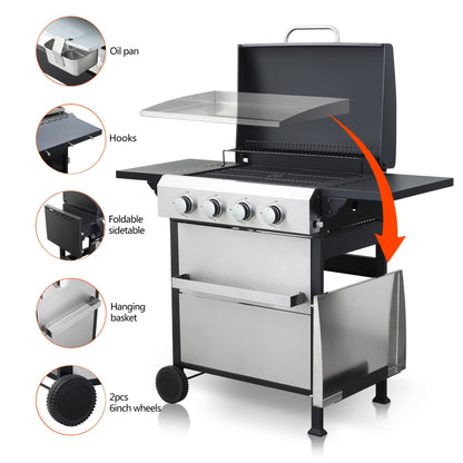 Propane gas BBQ grill open, showing hanging basket, oil pan, and foldable side table