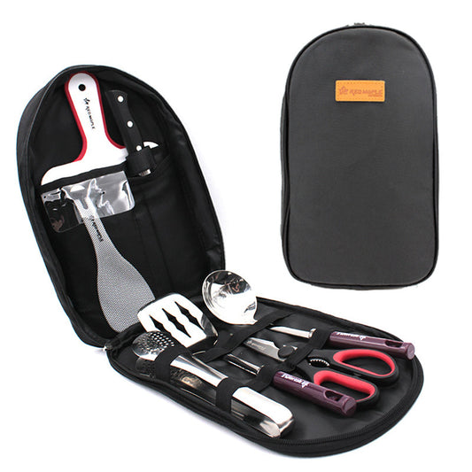 Outdoor BBQ tool set in black zippered case with utensils, grill fork, and scissors