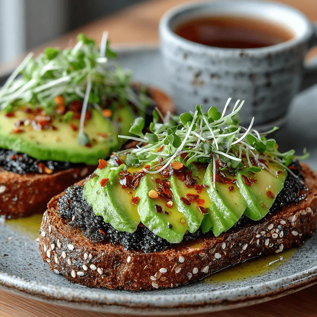 Black garlic purée topping on seeded toast with avocado slices and microgreens
