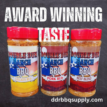 BBQ rub variety set featuring three red-lidded seasoning bottles on a dark background