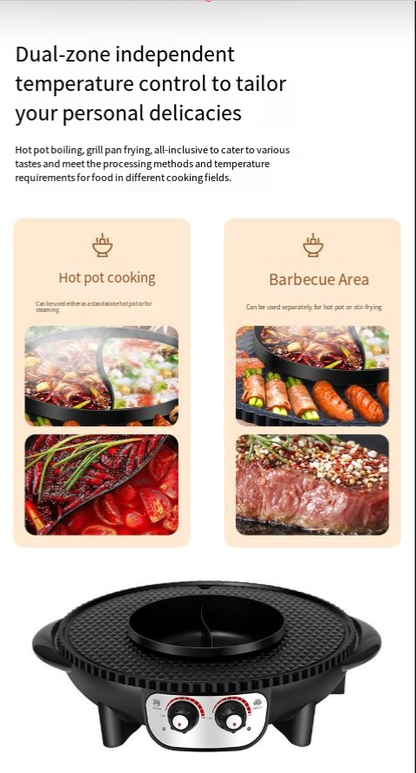 Dual-zone electric BBQ hot pot with black textured base and glass lid
