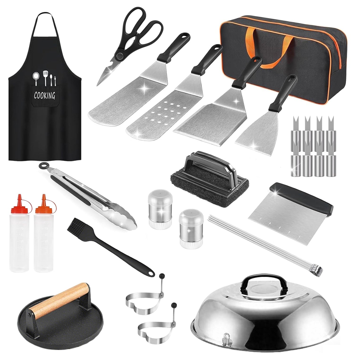 Griddle accessory kit with black apron, metal spatulas, press, basting cover, spice shakers