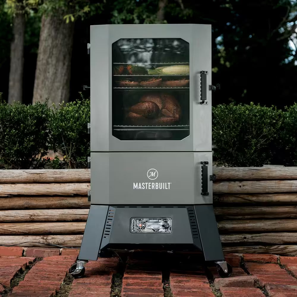 Digital charcoal smoker on legs with front viewing door showing racks inside