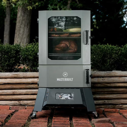 Digital charcoal smoker on legs with front viewing door showing racks inside