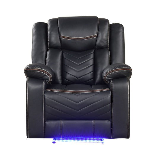 Black LED power recliner chair with diamond stitching, padded arms and blue base lights
