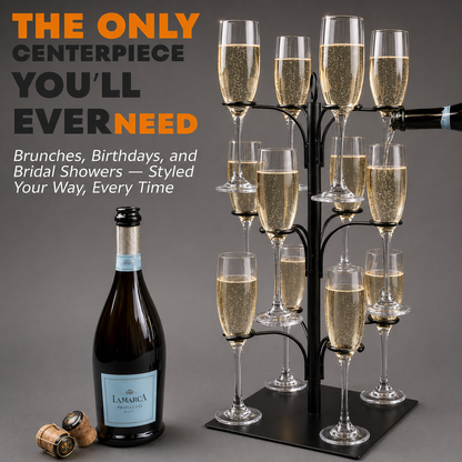 Cocktail tree stand with champagne-flute style holders and multiple sparkling drink glasses