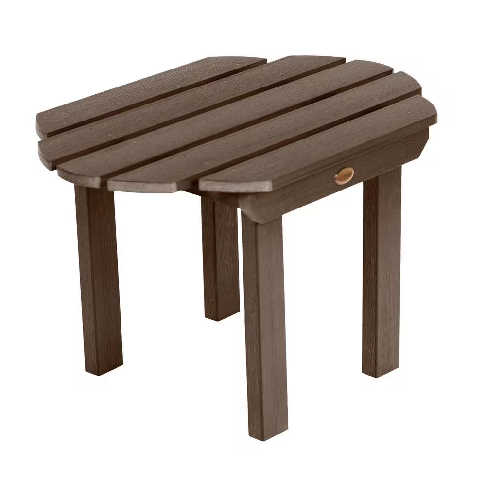 Weathered acorn slatted side table with square legs and rounded edge corners.