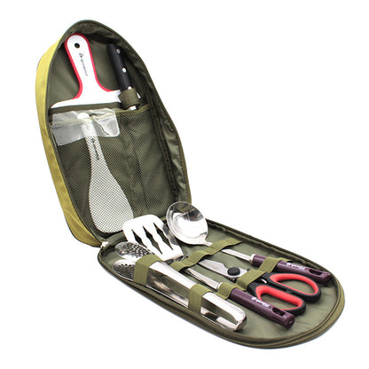 Outdoor BBQ tool set in olive green zippered case with fork, spoon, tongs, and scissors