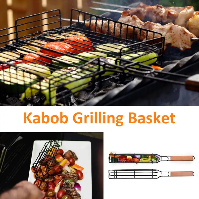 BBQ grilling basket holding colorful kebabs on a grill grate