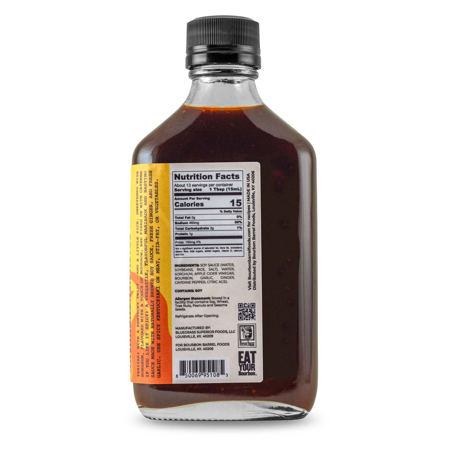 Hot & spicy Kentuckyaki sauce bottle, back label panel with nutrition facts, black cap