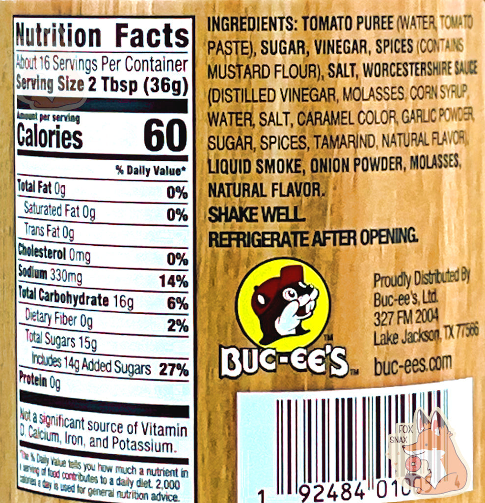 Close-up of BBQ sauce label showing Nutrition Facts, ingredients, and barcode