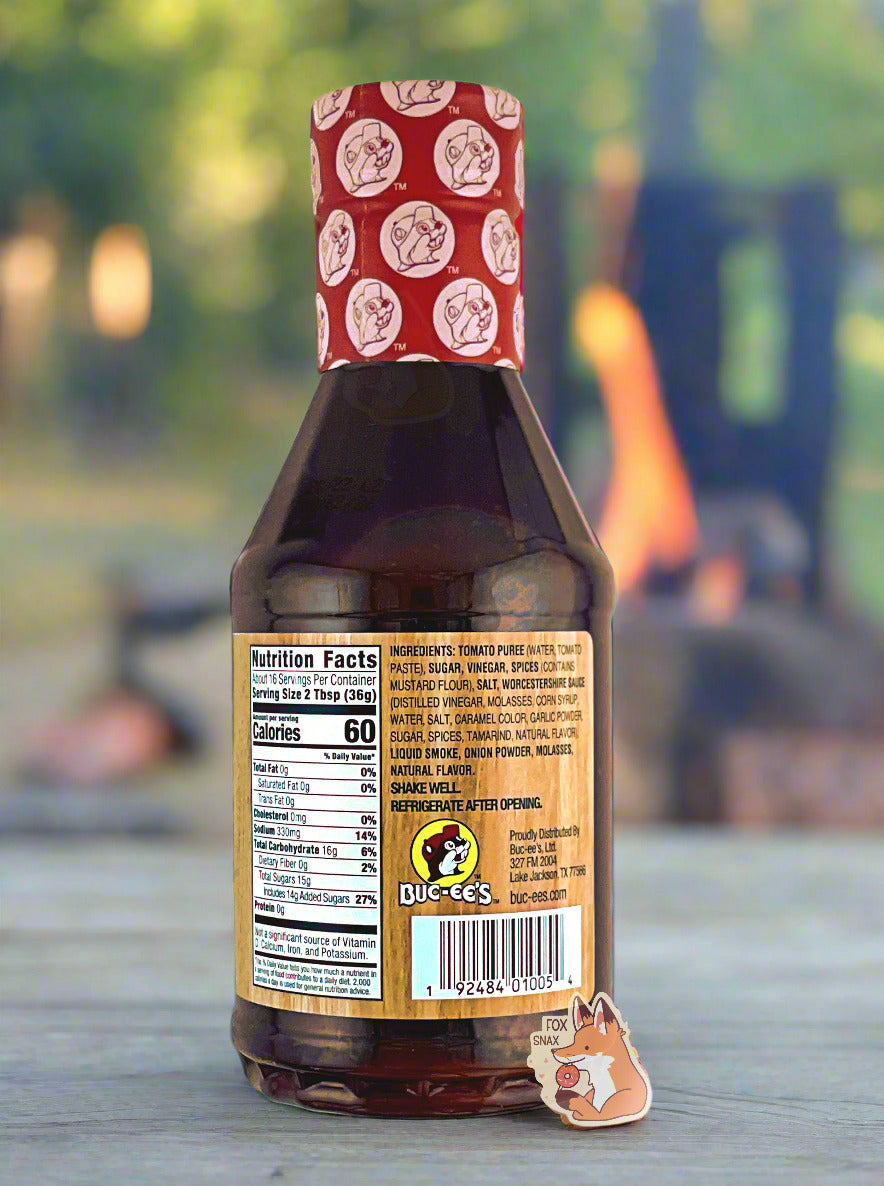 Original BBQ sauce bottle back label in outdoor setting, Nutrition Facts panel visible
