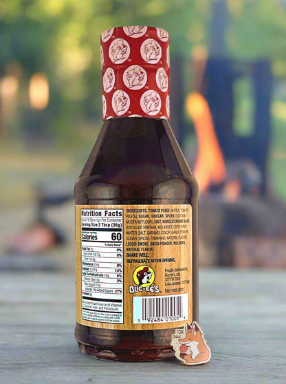 Original BBQ sauce bottle back label in outdoor setting, Nutrition Facts panel visible
