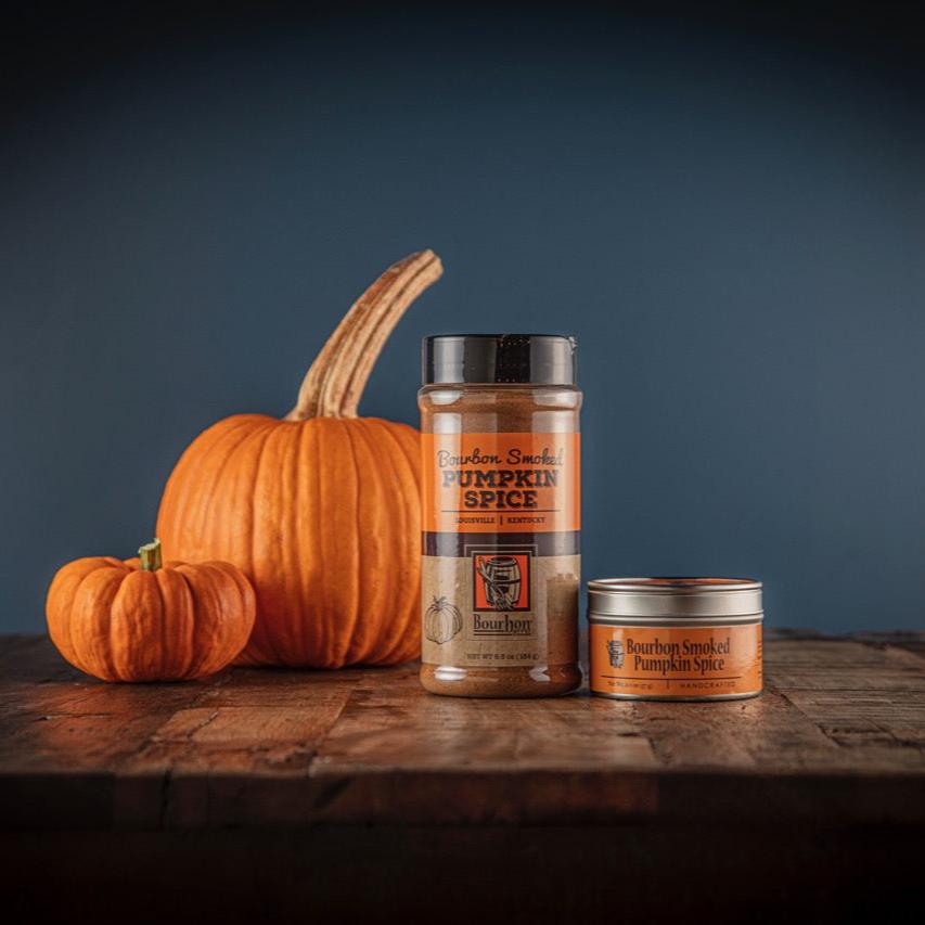 Smoked pumpkin spice jars: clear bottle with black lid and metal tin