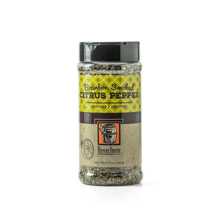Smoked citrus pepper seasoning jar with black lid and yellow label