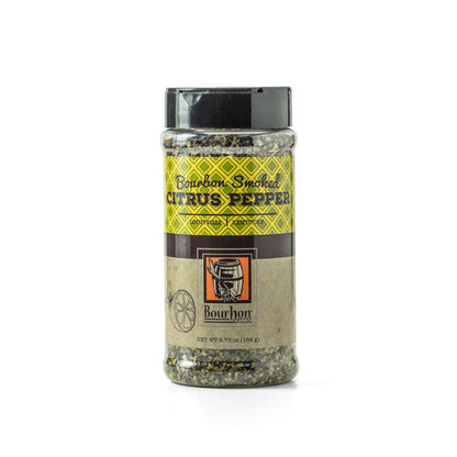 Smoked citrus pepper seasoning jar with black lid and yellow label