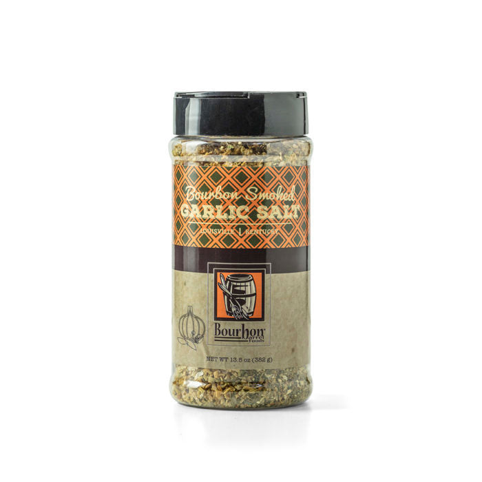 Smoked garlic salt seasoning jar with orange-and-gold label and black cap