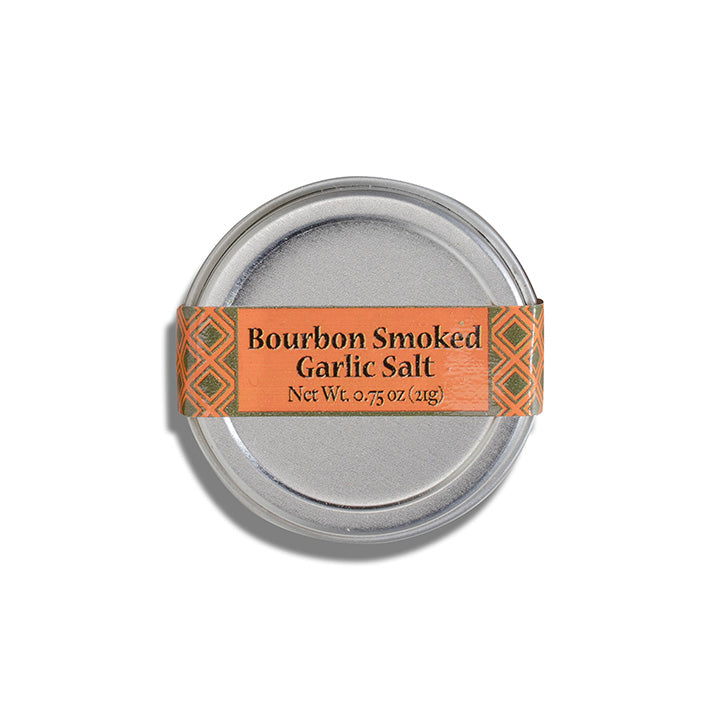 Stainless jar with orange label for smoked garlic salt, net wt 0.75 oz