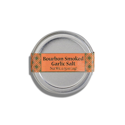 Stainless jar with orange label for smoked garlic salt, net wt 0.75 oz