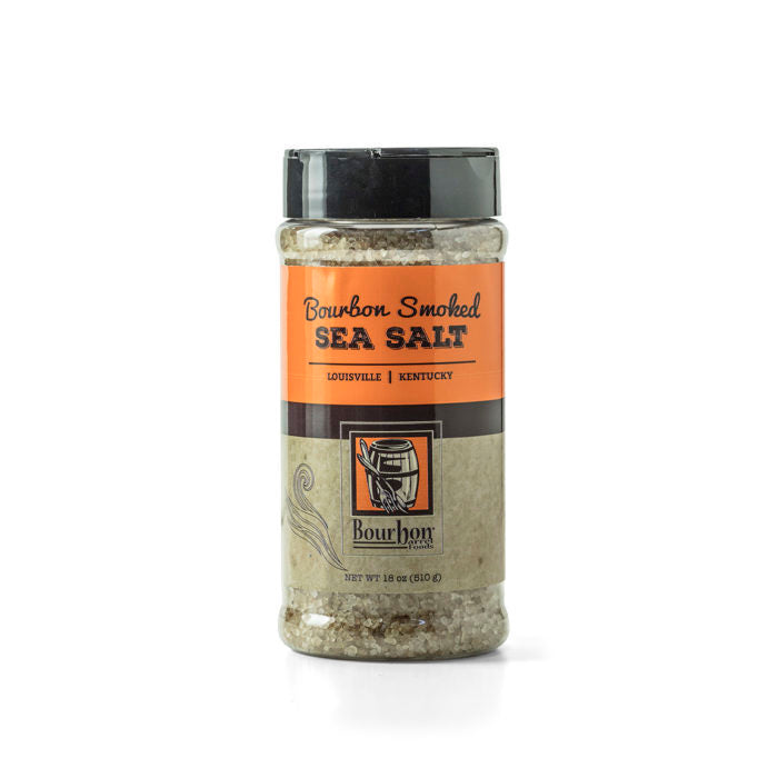 Bourbon smoked sea salt jar with orange label and coarse salt inside