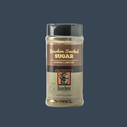 Smoked sugar jar with brown sugar granules, clear top and printed label